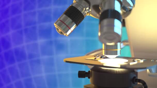 青い回転惑星のデジタル背景に医療科学顕微鏡4K 60FpsのUhd 3Dアニメーション — ストック動画