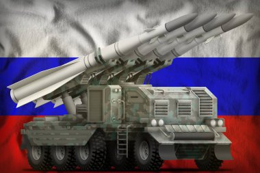 Arktik kamuflajlı taktiksel kısa menzilli balistik füze Rusya bayrağı arka planında. 3d Görüntü