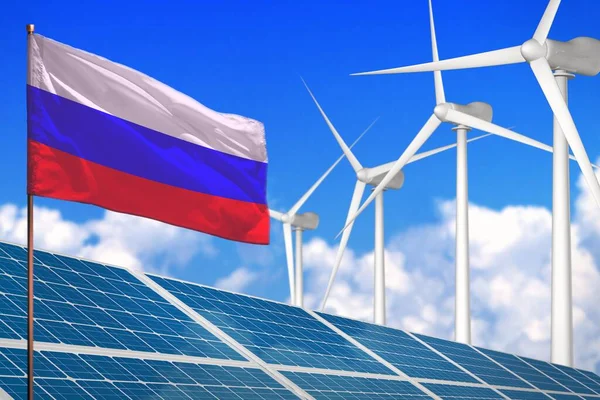 Россия Солнечная Ветряная Энергия Концепция Возобновляемых Источников Энергии Ветряными Мельницами — стоковое фото