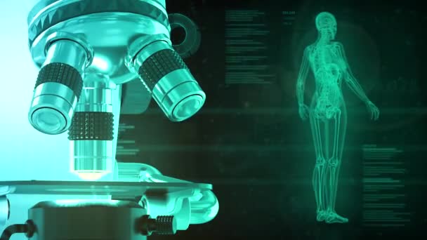Fogalom Egészségügyi Tudományos Mikroszkóppal Kreatív Kék Háttér Ray Női Csontváz — Stock videók