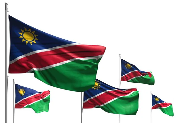 Mooie Vijf Vlaggen Van Namibië Zwaaien Geïsoleerd Wit Elke Feestvlag — Stockfoto