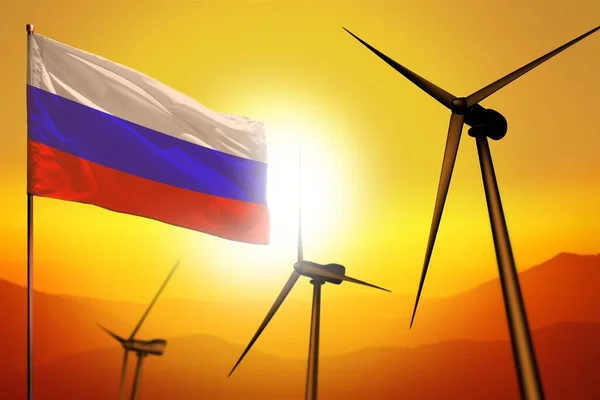 Ветроэнергетика России Концепция Альтернативной Энергетики Турбинами Флагом Закате Альтернативные Возобновляемые — стоковое фото