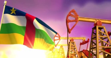 Gün batımında petrol pompalayan petrol kuyularının arka planında dalgalanan Orta Afrika Cumhuriyeti bayrağı. Petrol endüstrisi konsepti, 4K 3D animasyon