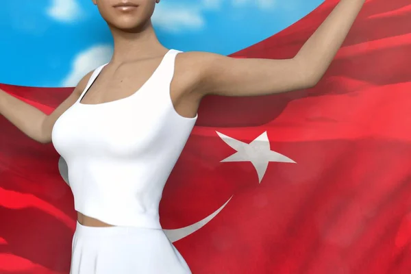 Wanita Muda Memegang Bendera Turki Tangannya Belakangnya Langit Berawan Latar — Stok Foto