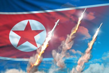 Kuzey Kore süpersonik füze fırlatma - modern stratejik nükleer silahlar kavramı mavi gökyüzü arka planı, askeri endüstriyel 3D illüstrasyon bayrak ile