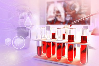 Biyoteknoloji ofisinde kanıtlar - trombosit veya trigliserit miktarı için kan örneği DNA testi, yaratıcı gradyan örtülü tıbbi 3D illüstrasyon