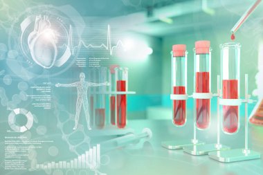 Kimya tesisinde test tüpleri - kreatinin veya sodyum için kan örneği gen testi, yaratıcı kaplamalı tıbbi 3D illüstrasyon