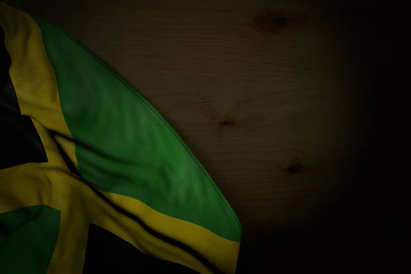 Foto Muito Escura Bandeira Jamaica Com Grandes Dobras Madeira Escura — Fotografia de Stock
