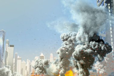 Soyut şehirde büyük duman sütunu ve yangın, endüstriyel kaza kavramı veya mavi gökyüzü arka planında terör eylemi kavramı, endüstriyel 3D illüstrasyon.