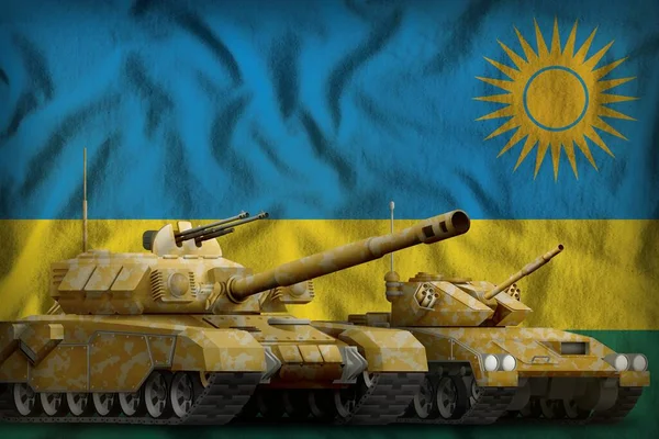 tanks with orange camouflage on the Rwanda flag background. Rwanda tank forces concept. 3d Illustration