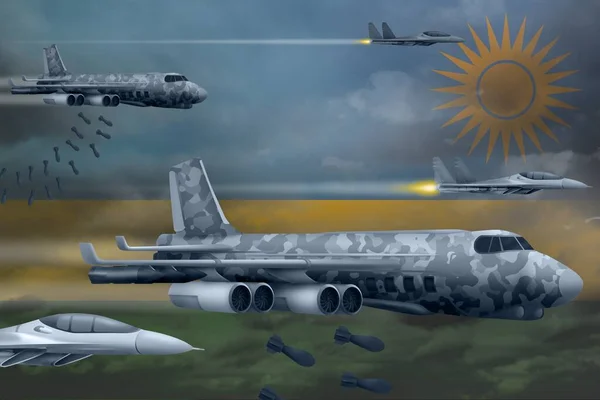 Ruandas Luftangriffskonzept Moderne Ruandische Kampfflugzeuge Bombardieren Vor Flaggenhintergrund Illustration — Stockfoto