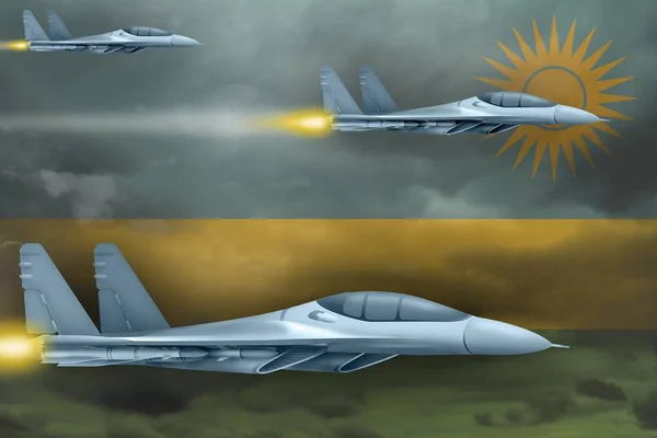 Koncepcja Ataku Lotniczego Rwandzie Nowoczesne Samoloty Wojenne Atakują Tle Flagi — Zdjęcie stockowe