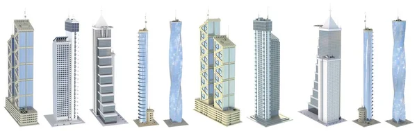 Zestaw Wysokich Szczegółowych Miejskich Wysokich Budynków Fikcyjnym Designem Niebieskim Odbiciem — Zdjęcie stockowe