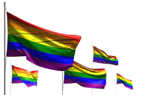 Beautiful Five Flags Gay Pride Wave Isolated White Image Bokeh — Stock Photo, Image