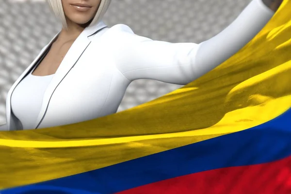 Bonita Dama Negocios Está Sosteniendo Bandera Colombia Frente Ella Fondo — Foto de Stock