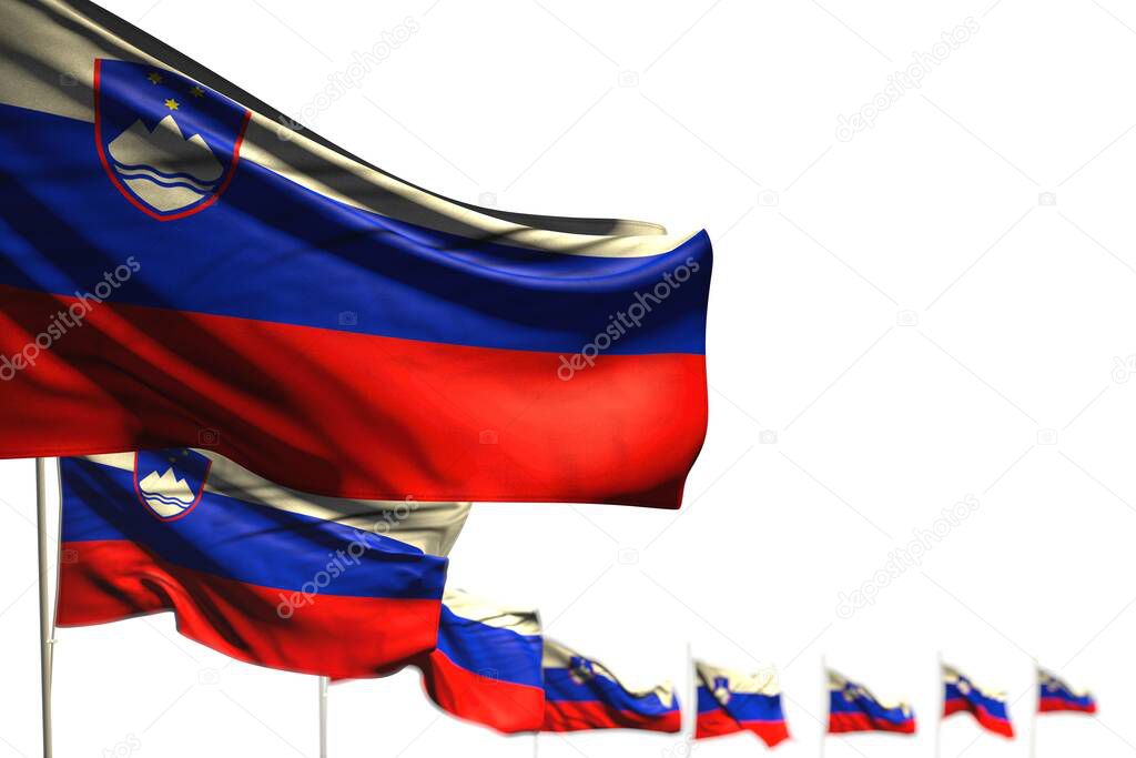 beautiful Slovenia isolated flags placed diagonal, illustration with soft focus and space for your text - any holiday flag 3d illustration