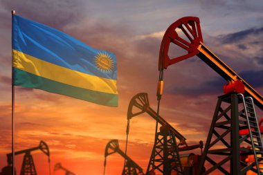 Ruanda petrol endüstrisi konsepti, endüstriyel illüstrasyon. Ruanda bayrağı ve petrol kuyuları ve kırmızı ve mavi gün batımı veya gündoğumu gökyüzü arkaplanı - 3 boyutlu illüstrasyon