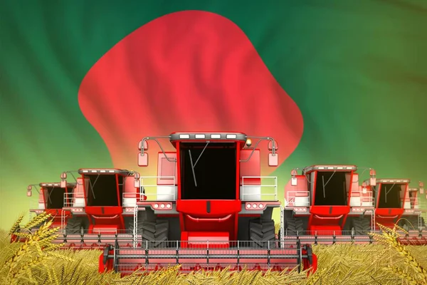 许多红色耕作将麦田上的收割者与孟加拉国国旗背景相结合 前面的观点 停止饥饿的概念 工业三维插图 — 图库照片