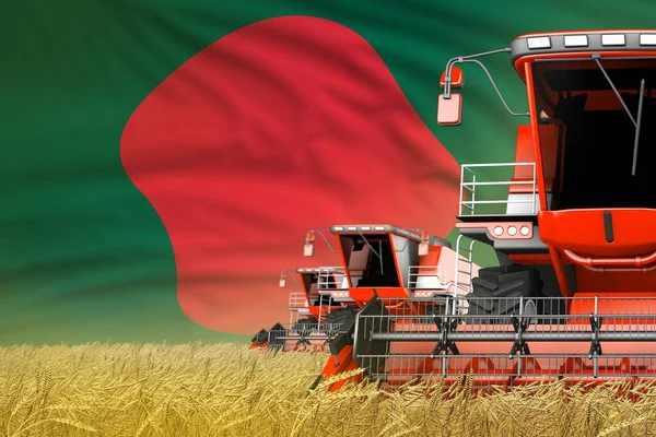 Rood Moderne Maaiers Combineren Met Bangladesh Vlag Rogge Veld Close — Stockfoto
