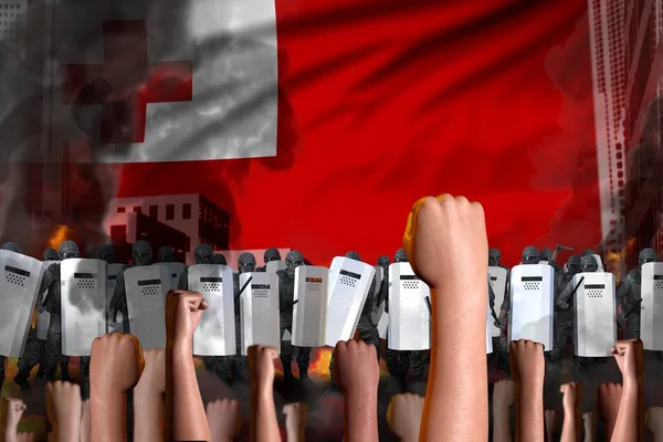 Protesta Tonga Oficiales Policía Oponen Multitud Enojada Fondo Bandera Concepto —  Fotos de Stock