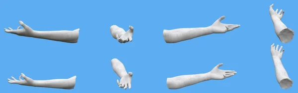 Set Grå Betong Staty Hand Realistiska Återger Isolerade Blått Ljus — Stockfoto