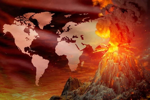 Erupción Alta Explosión Volcánica Noche Con Explosión Fondo Bandera Mundial — Foto de Stock
