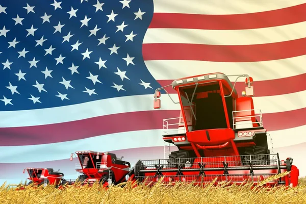 Industrial Illustration Red Rye Agricultural Combine Harvester Field Usa Flag — Stock Photo, Image