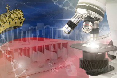 Liechtenstein bayrağındaki mikroskop - Bilimsel gelişim dijital arka planı. Sağlık hizmeti tasarımı konsepti araştırması, nesnenin 3 boyutlu illüstrasyonu