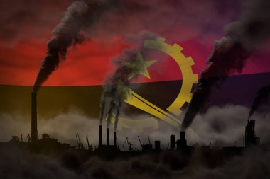 Karanlık kirlilik, iklim değişikliğine karşı mücadele - sanayi bacalarının endüstriyel üç boyutlu çizimi Angola bayrağı arka planında yoğun duman