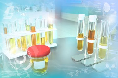 Modern kirlilik araştırma kliniğinde test tüpleri - özel yerçekimi veya idrar yolu enfeksiyonu için idrar kalitesi testi, tıbbi 3D illüstrasyon
