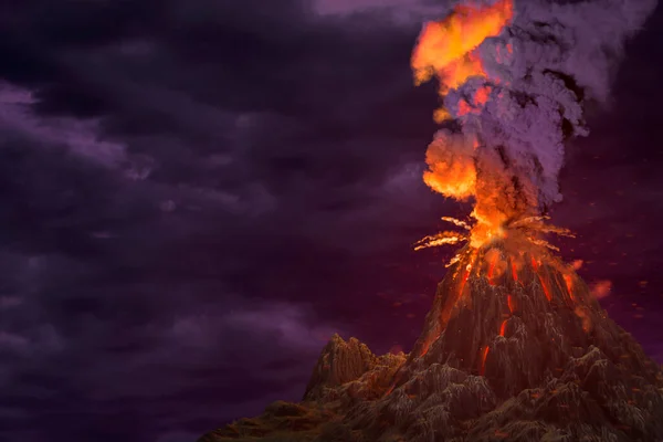 大火山爆发 有巨大的烟柱和夜空中的火焰 灾难和火山灰的概念 自然的三维说明 — 图库照片