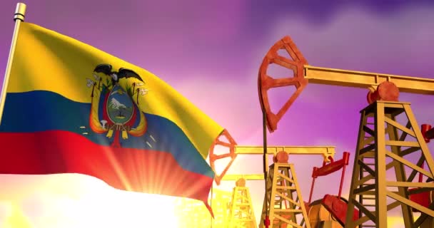 Ecuador Bandiera Sventola Sullo Sfondo Pozzi Petroliferi Pompaggio Olio Tramonto — Video Stock