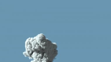 Mavi arka planda izole edilmiş volkan veya sanayi patlaması veya kirlilik yayılımı gibi yavaş hareket eden beyaz duman - felaket konsepti, 4K 60fps video UHD CG animasyonu