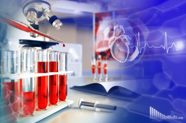 İlaç tesisinde kanıtlar - bilirubin veya AIDS için kan örneği DNA testi, yaratıcı gradyan kaplamalı tıbbi 3D illüstrasyon