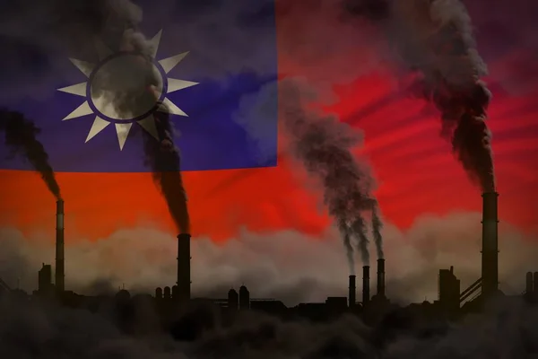 dense smoke of factory pipes on Taiwan Province of China flag - global warming concept, background with place for your content - industrial 3D illustration