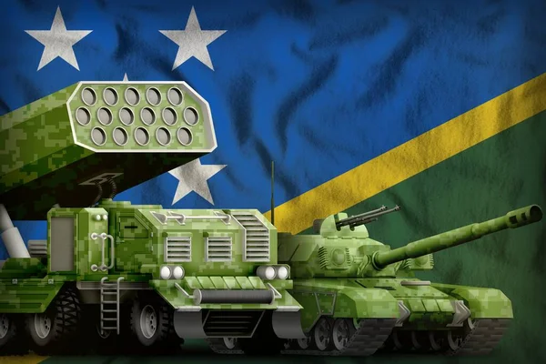 tank and rocket launcher with summer pixel camouflage on the Solomon Islands flag background. Solomon Islands heavy military armored vehicles concept. 3d Illustration