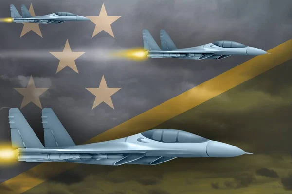 Koncepcja Nalotu Wyspy Salomona Nowoczesne Samoloty Wojenne Atakują Tle Flagi — Zdjęcie stockowe