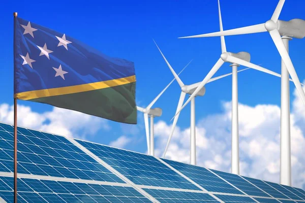 Solomon Islands solar and wind energy, renewable energy concept with windmills - renewable energy against global warming - industrial illustration, 3D illustration