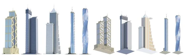Низкий Обзор Подробные Изображения Вымышленного Дизайна Городских Зданий Голубым Небом — стоковое фото