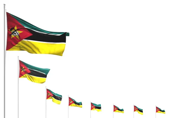 Досить Багато Прапорів Мозамбіку Розміщені Діагонально Ізольовані Білому Тлі Місцем — стокове фото