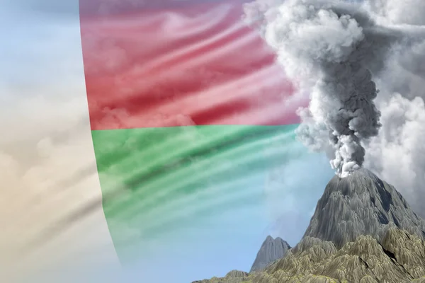 Stratovolcano Eruption Day Time White Smoke Madagascar Flag Background Problems — Stock Photo, Image