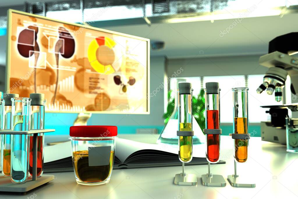 laboratory test tubes in scientific office - urine quality test for coronavirus or blood in urine hematuria, medical 3D illustration