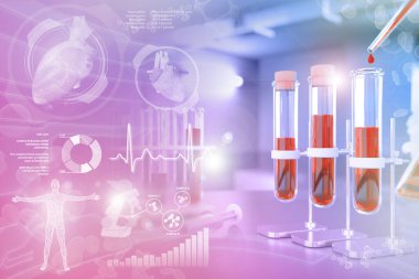 test tubes in pollution office - blood sample test for aspartate aminotransferase or sodium, medical 3D illustration with creative gradient overlay clipart