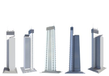 5 farklı açı görüntüsü kurgusal tasarım modern evler gökdelenlerin beyaz, 3 boyutlu resimlerinde izole edilmiş gökdelenlerden oluşan düz kuleler bloğu