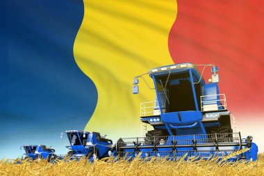 Mavi buğday tarımının endüstriyel 3D illüstrasyonu çad bayraklı arka plan, gıda endüstrisi konsepti ile birlikte hasat biçicisini sahada birleştirdi