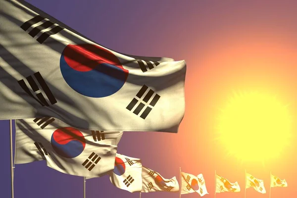 Velmi Mnoho Korejských Jihokorejských Vlajek Umístěných Diagonálně Při Západu Slunce — Stock fotografie
