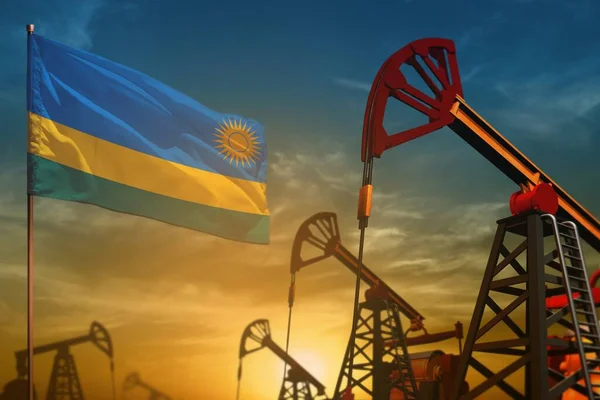 Ruanda petrol endüstrisi konsepti, endüstriyel illüstrasyon. Mavi ve sarı günbatımı arka planında dalgalanan Ruanda bayrağı ve petrol kuyuları - 3 boyutlu resim