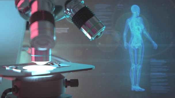 Orvosi Koncepció Elektronikus Mikroszkóppal Kreatív Kék Háttérrel Röntgensugaras Női Testszkenneléssel — Stock videók
