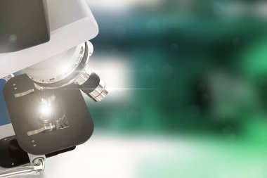 Kimya analiz konsepti, laboratuvar yüksek teknolojili bilimsel mikroskop ve bokeh arka planında işaret fişeği - nesne 3D illüstrasyon