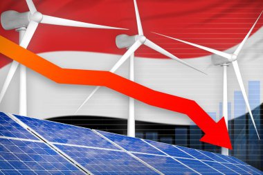 Yemen güneş enerjisi ve rüzgar enerjisi indirme şeması, ok aşağı - yeşil enerji endüstriyel illüstrasyon. 3B Görüntü